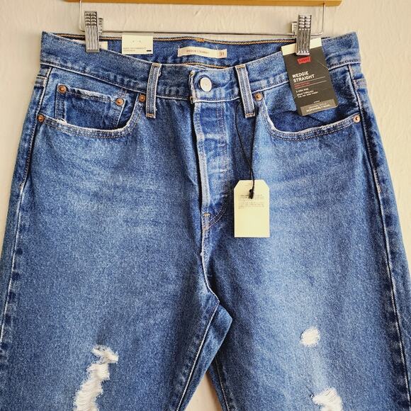 Levi's Wedgie Straight Leg Distressed High Rise Jeans Oxnard Drive Dark Blue 31 - Picture 10 of 13